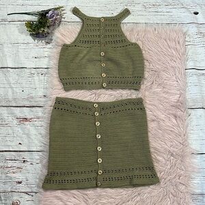Maiyo Swim Green Crochet Button High Neck Skirt Set